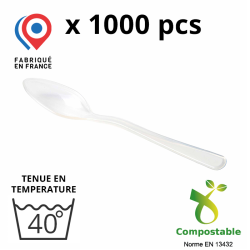 1000 mini-cuillères, coloris noir, blanc, transparent, matériau 100% bio-sourcé et compostable, longueur 96 mm